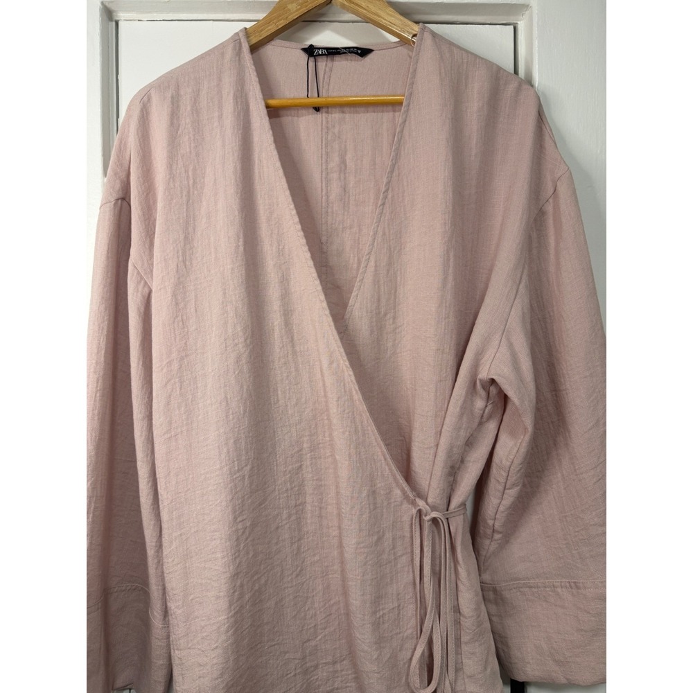 Zara Women Blush Pink Linen Blend Wrap Top Long Sleeve Kimono Style NWOT Medium - Picture 11 of 14
